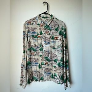 Allsaints Woodland Animal Print Long Sleeve Button Down Shirt Medium